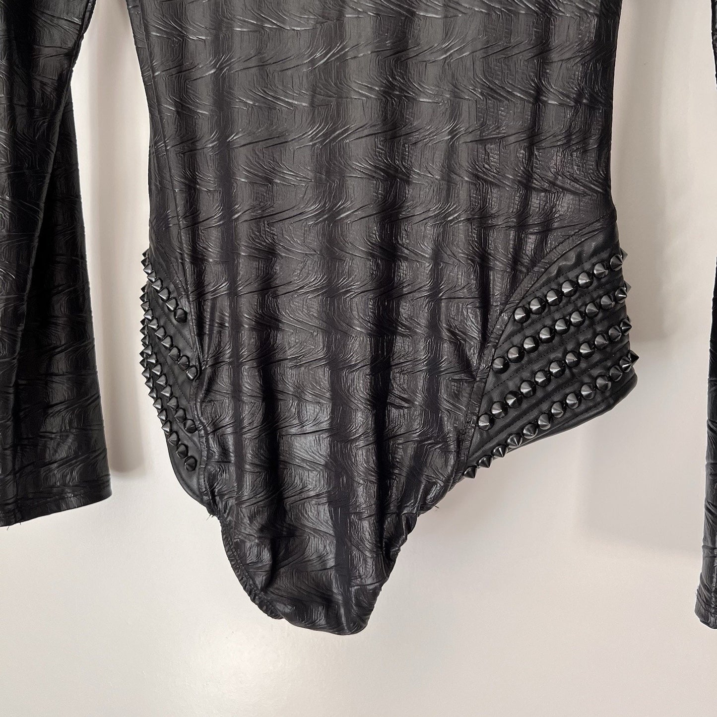 L.A. Roxx S/M Bodysuit Faux Black Leather Spike Studs Zip Up Hood Long Sleeve