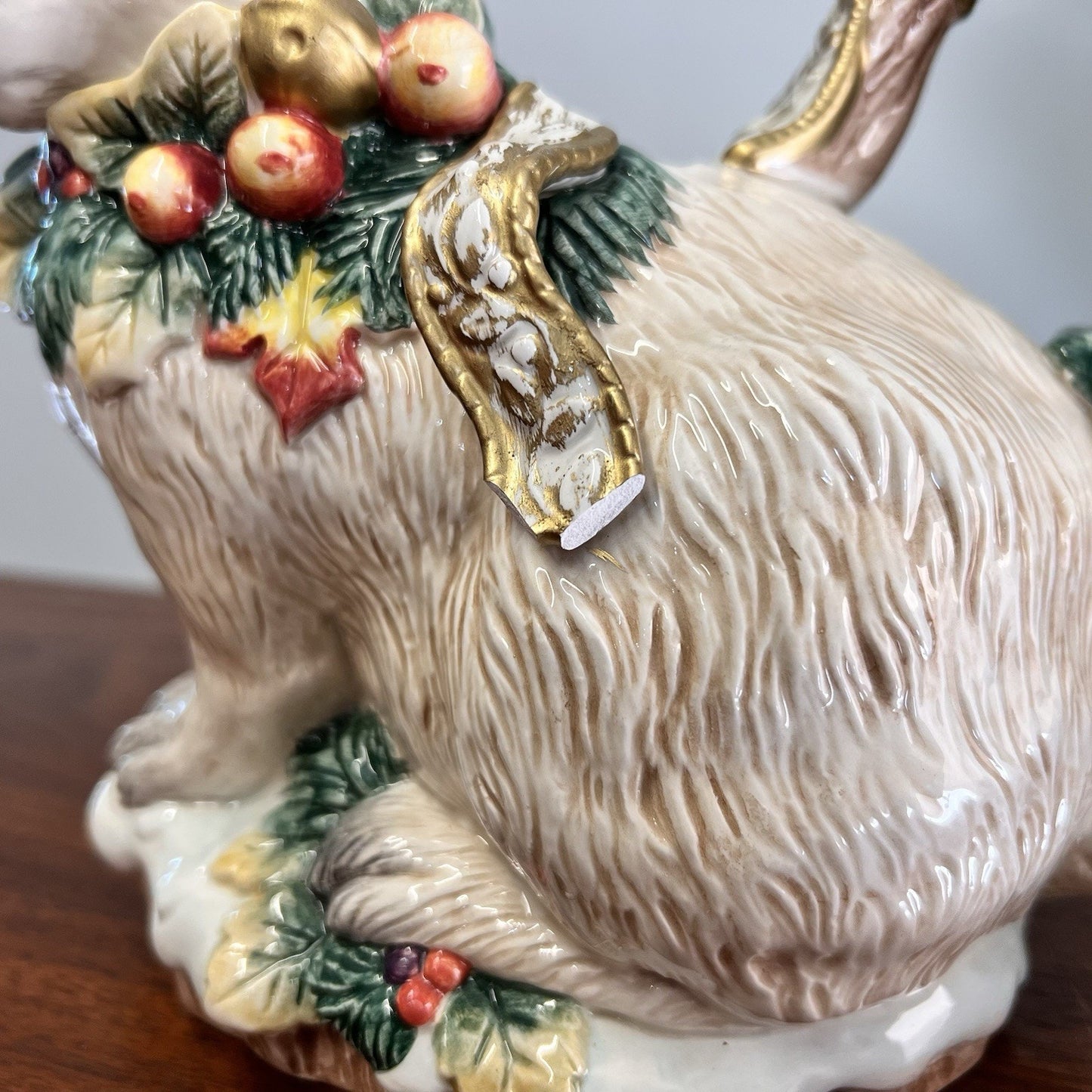 Fitz Floyd Snowy Woods Rabbit Teapot No Lid & Chip Vintage Holiday Christmas