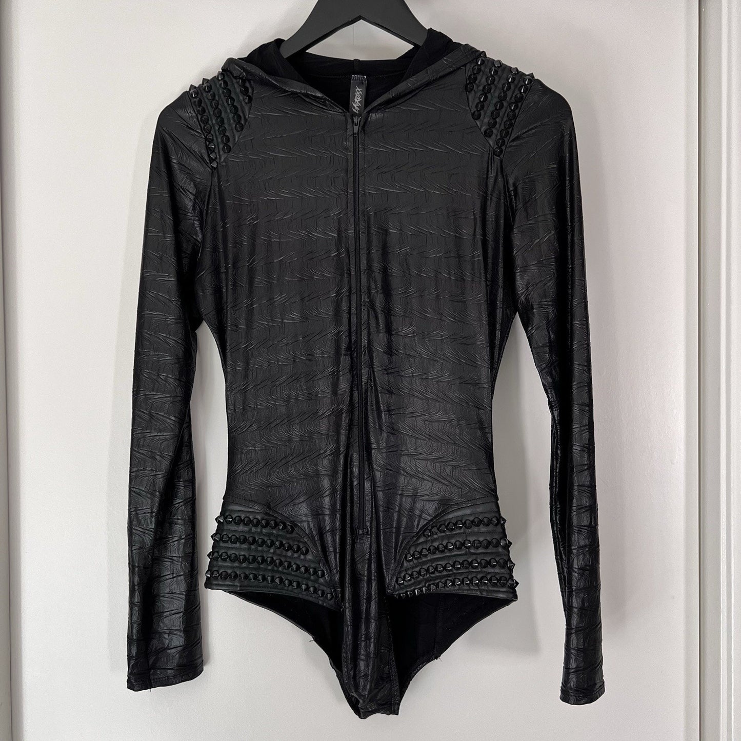 L.A. Roxx S/M Bodysuit Faux Black Leather Spike Studs Zip Up Hood Long Sleeve