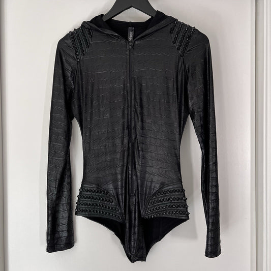 L.A. Roxx S/M Bodysuit Faux Black Leather Spike Studs Zip Up Hood Long Sleeve