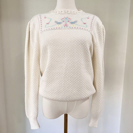 Vintage Knit Sweater Cottagecore Bird Embroider (L) Granny Artisan Romantic
