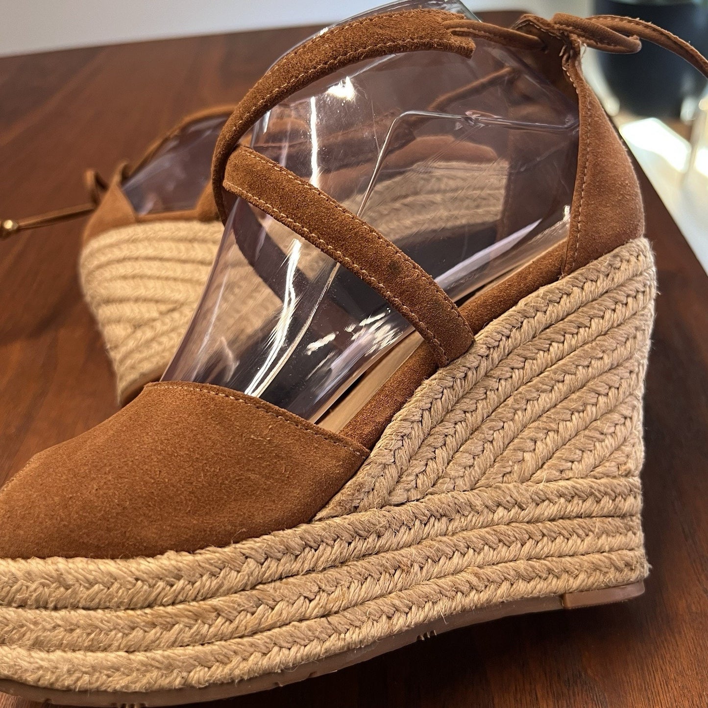 UGG Reagan Suede Espadrille Sz 7 Wedge Sandal Lace Up Peep Toe Natural Jute