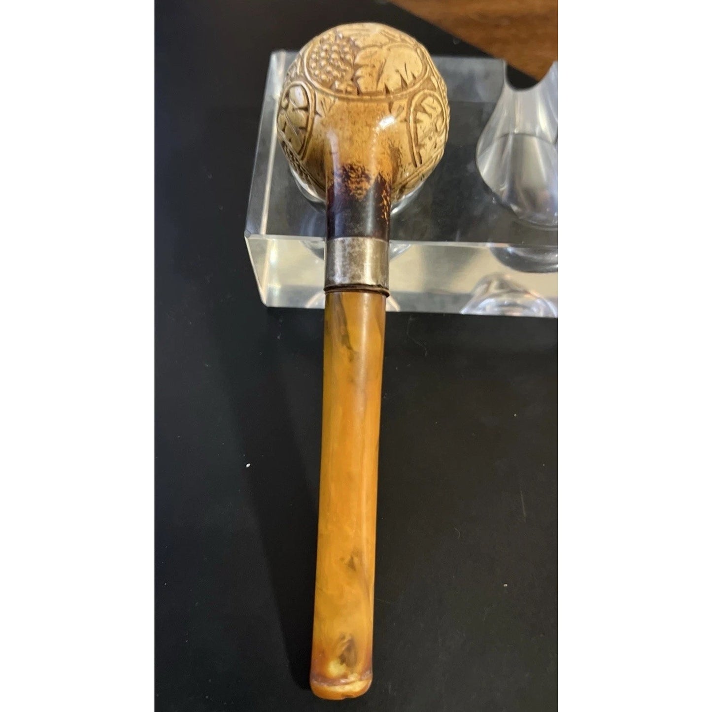 Vintage Hand Carved Meerschaum Estate Smoking Pipe w/ Sterling Silver Band