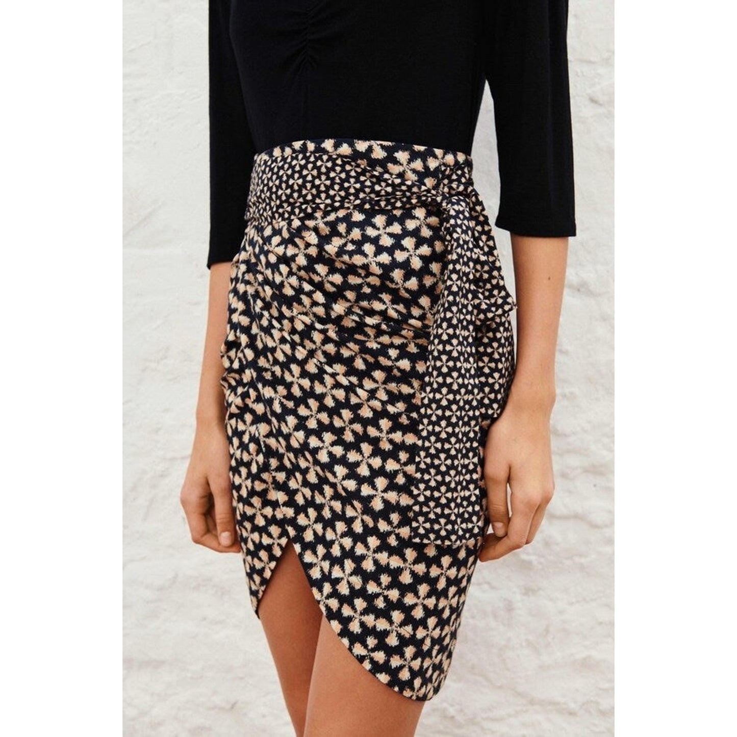 NWT Ba&sh Wrap Midi XS Draped Skirt Sz 0 Abstract Geometric Designer Tulip Hem