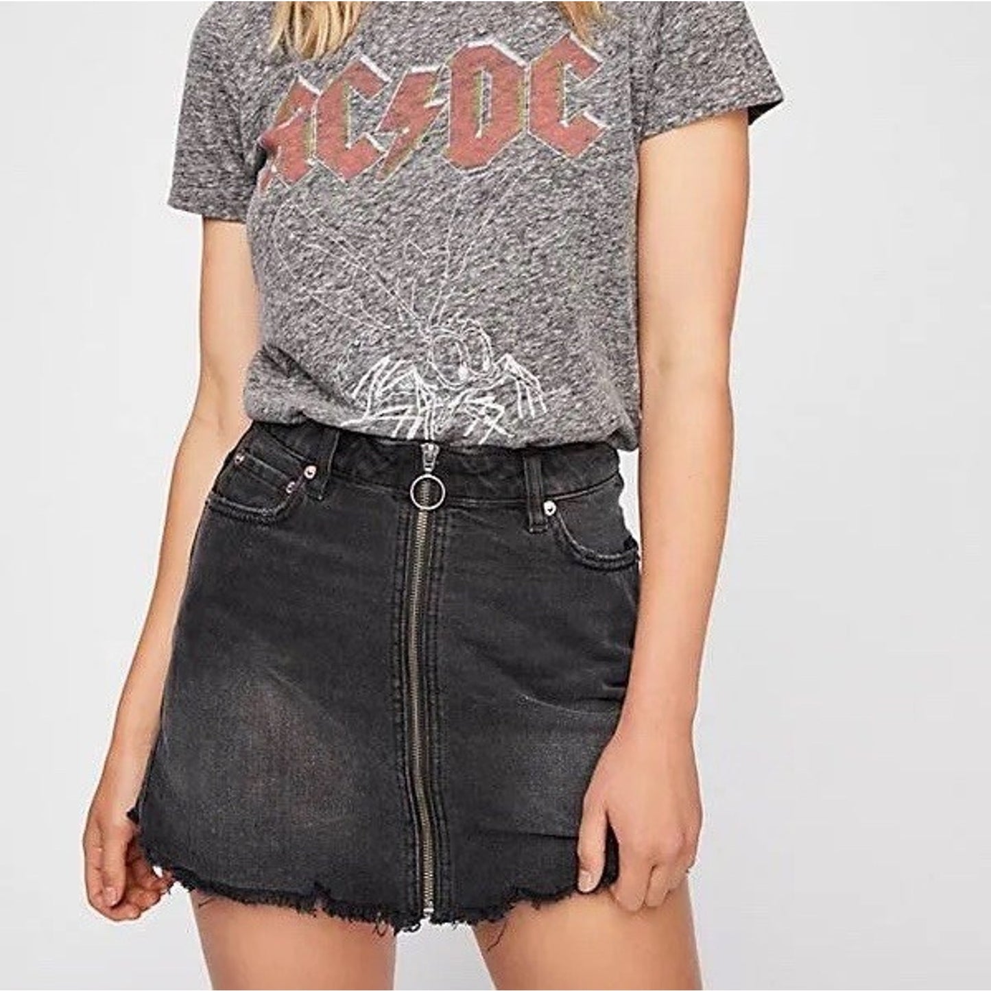 Mini Skirt 30” Black Denim Full Zip Raw Hem Grunge Mall Indie Y2K 90s Alt Urban