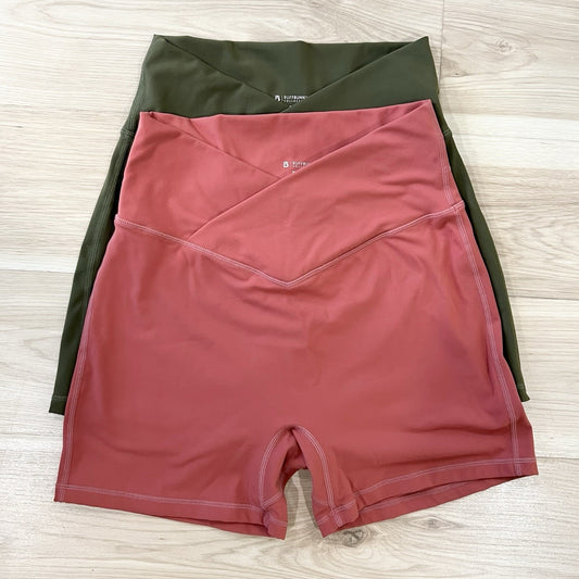 2 Pairs Buff Bunny Biker Shorts Green Pink (M) 4” Scrunch Cross Over Waist V Cut