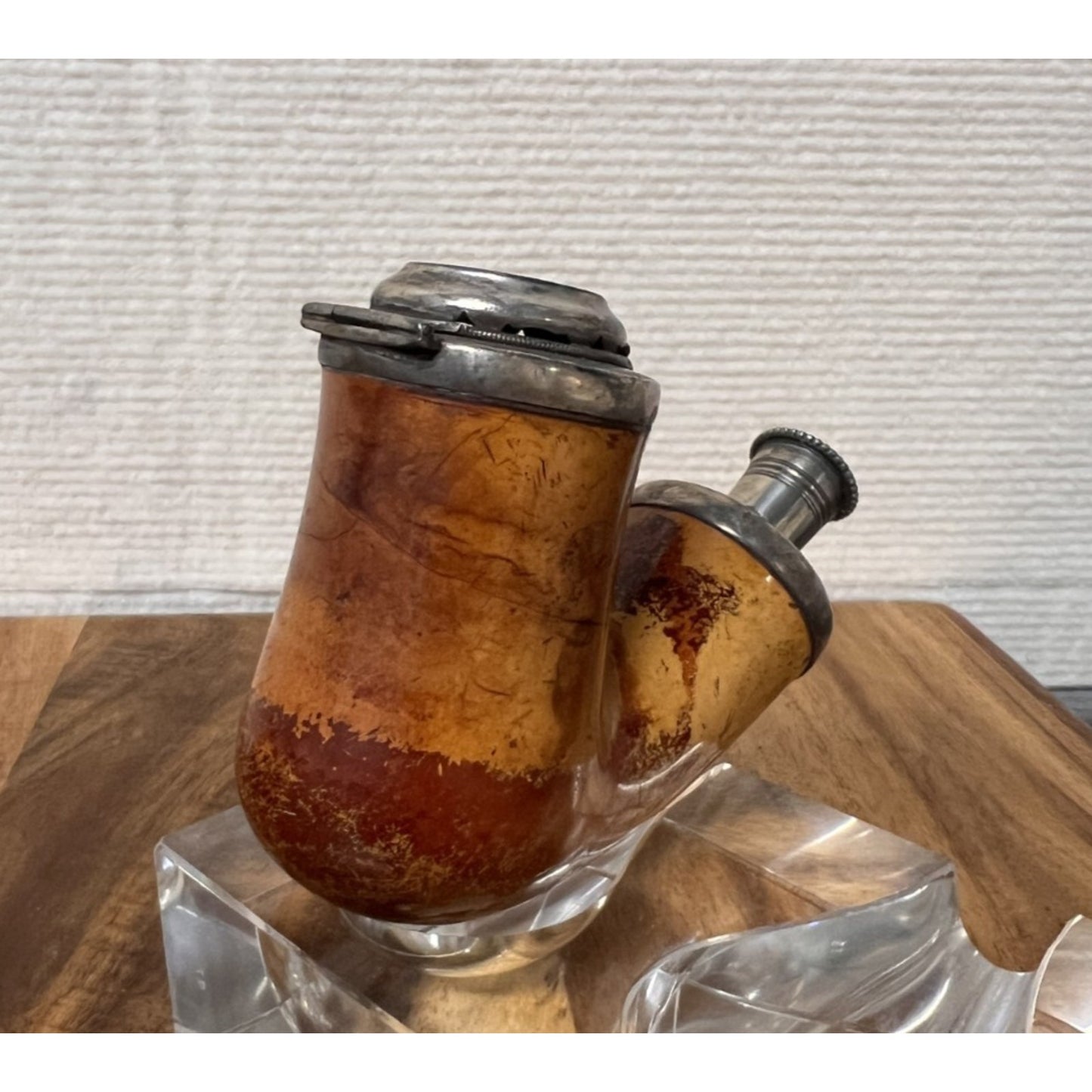 Antique Meerschaum Tobacco Pipe Stummel Silver Hinged Windcap Silver Shank Mount
