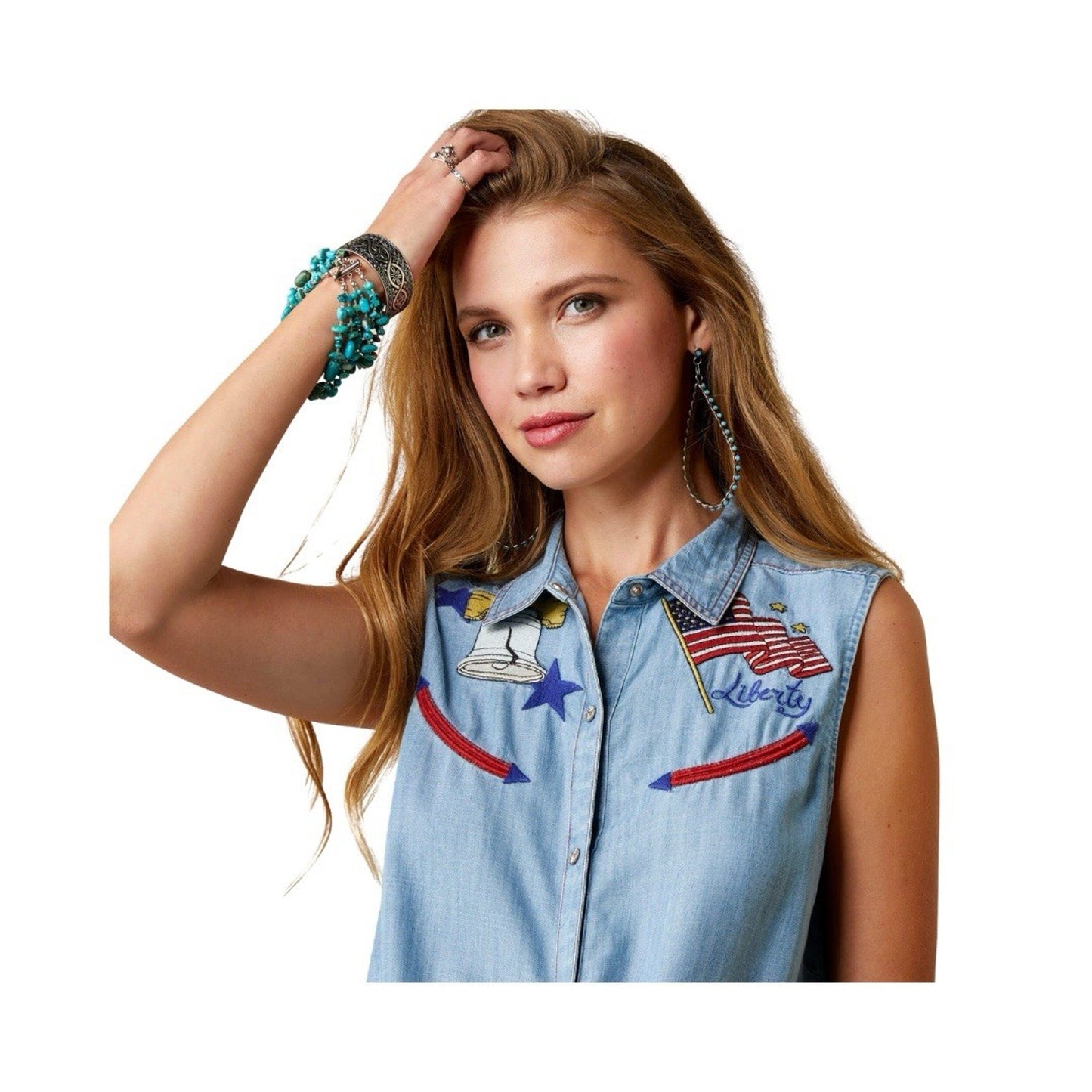 ARIAT (L) Patriotic Embroidered Sleeveless Top America Eagle Liberty Western