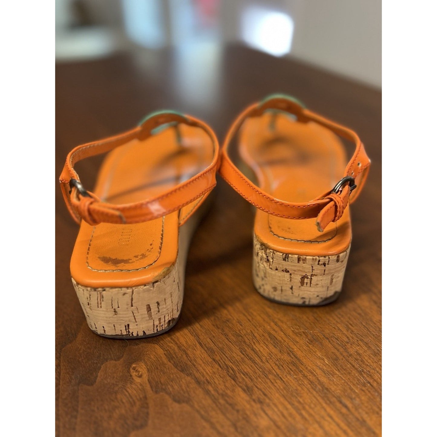Miu Miu Orange / Teal 2” (aprx) Cork Wedge Women’s Size 5.5 Ankle Buckle Sandal