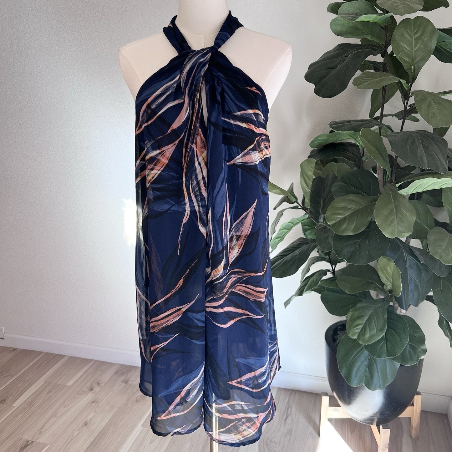 ASTR (L) Halter Scarf Neck Chiffon Overlay Shift Dress Keyhole Floral Sheer