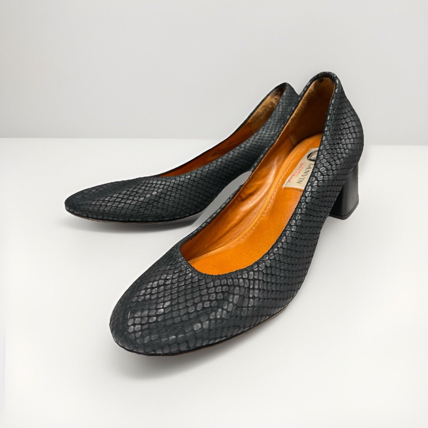 $645 Lanvin Black Snake Block Heel Ballerina Embossed Nubuck Leather 7.5 in Box
