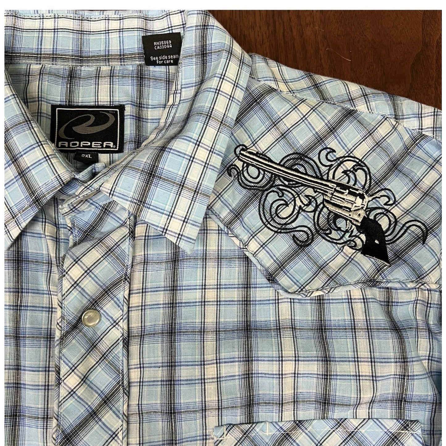 Roper 2XL Long Sleeve Button Up Blue Plaid Pistols Pearl Snap Retro Western