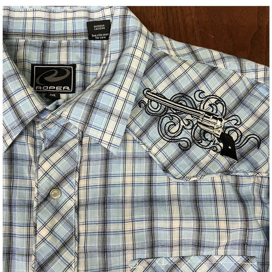 Roper 2XL Long Sleeve Button Up Blue Plaid Pistols Pearl Snap Retro Western