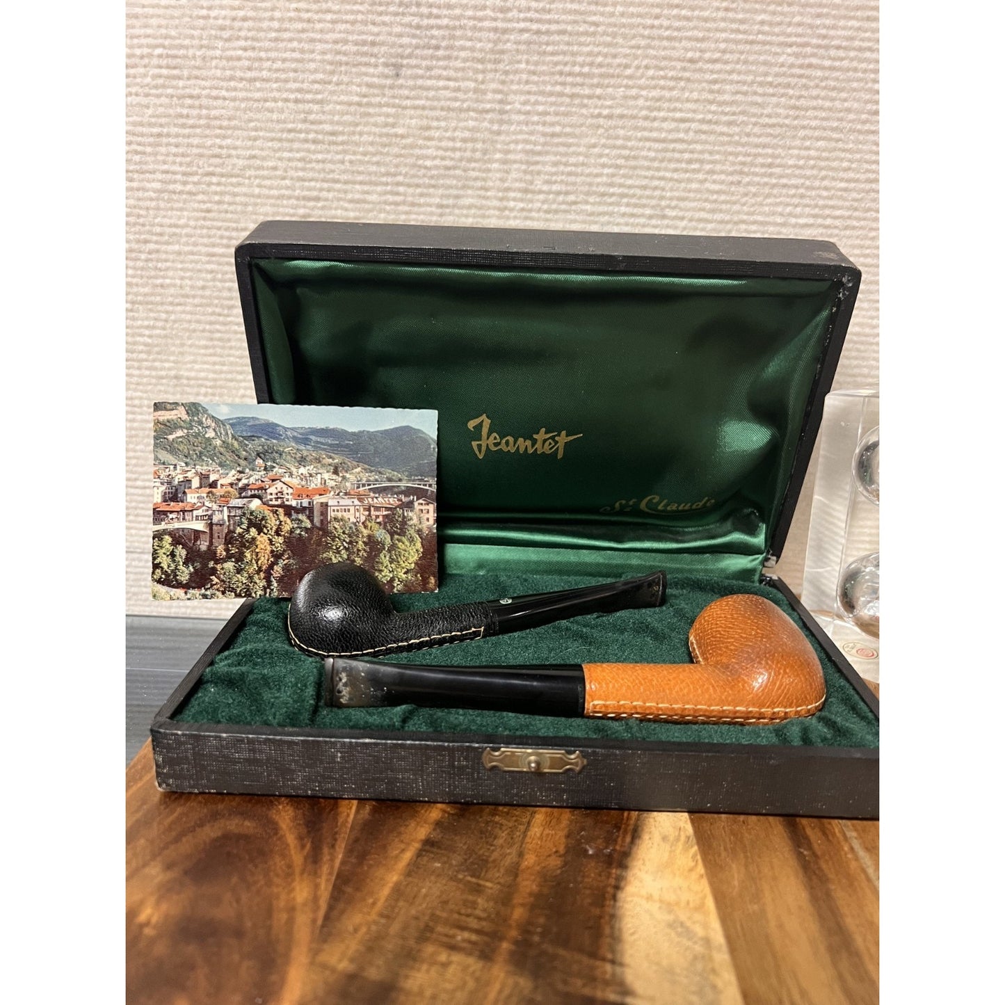 Vintage Jeantet 2 Pipe Set w/ Case Billiard Style Leather Clad Briar Bowls