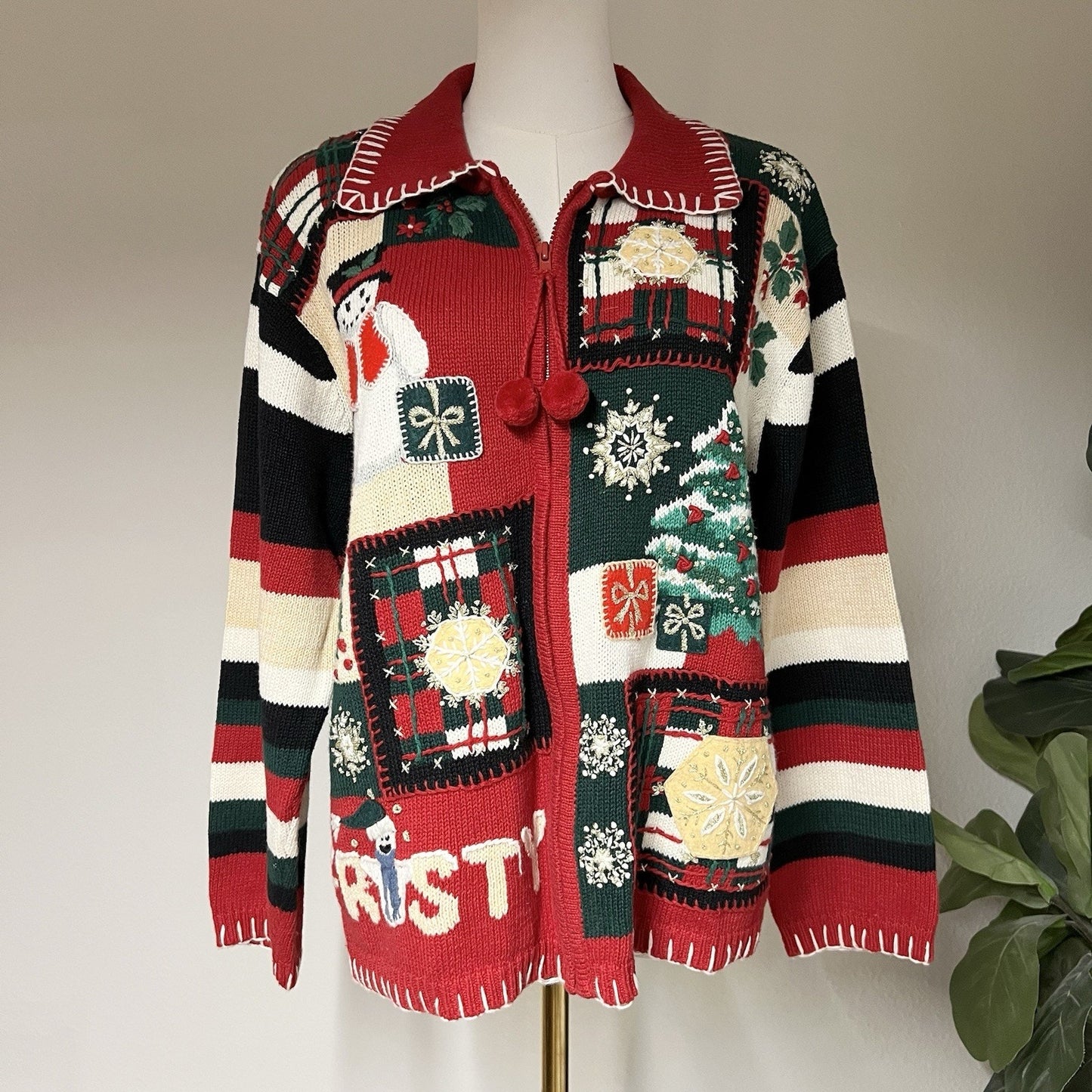90s Ugly Christmas Sweater (L) Full Zip Knit Embroidered Snowman Tiara Int.