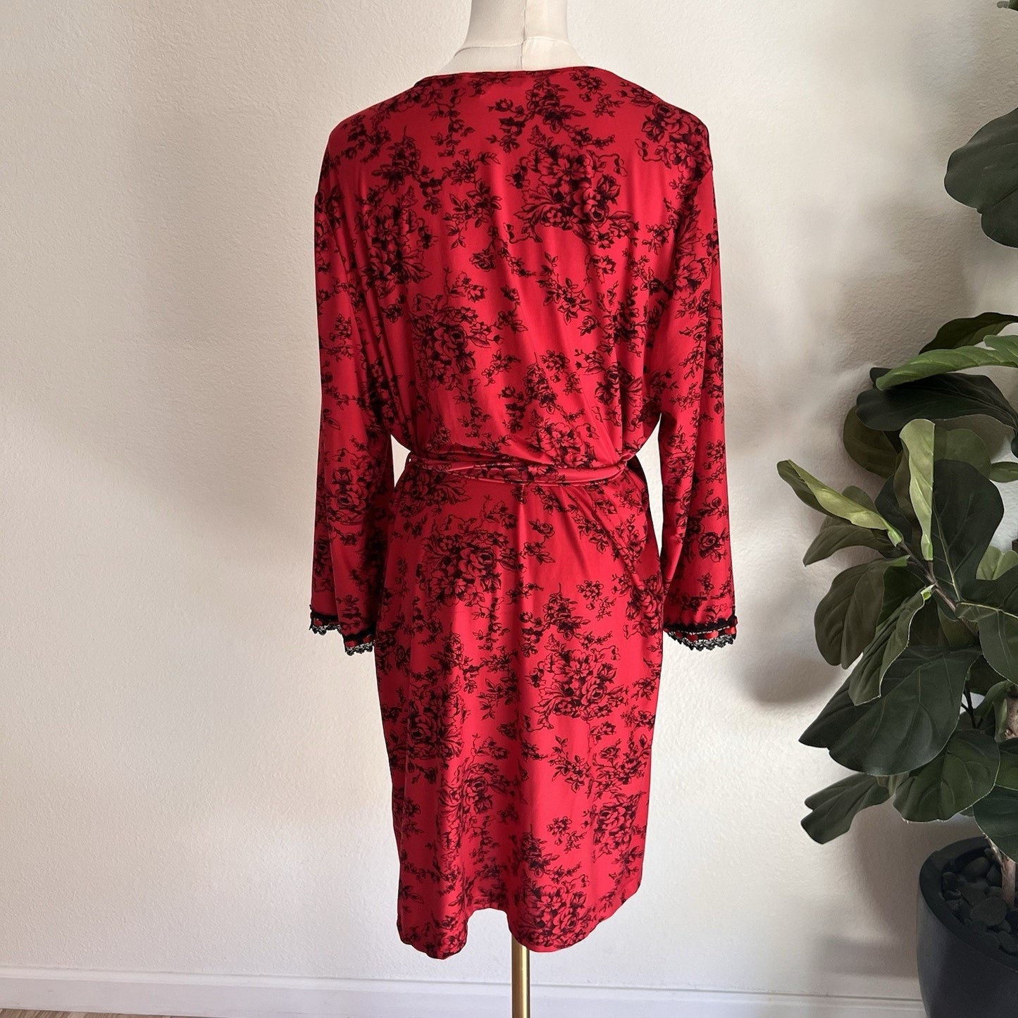 California Dynasty M/L Vintage Lace Red Floral Robe Kimono Belt Romantic Sexy