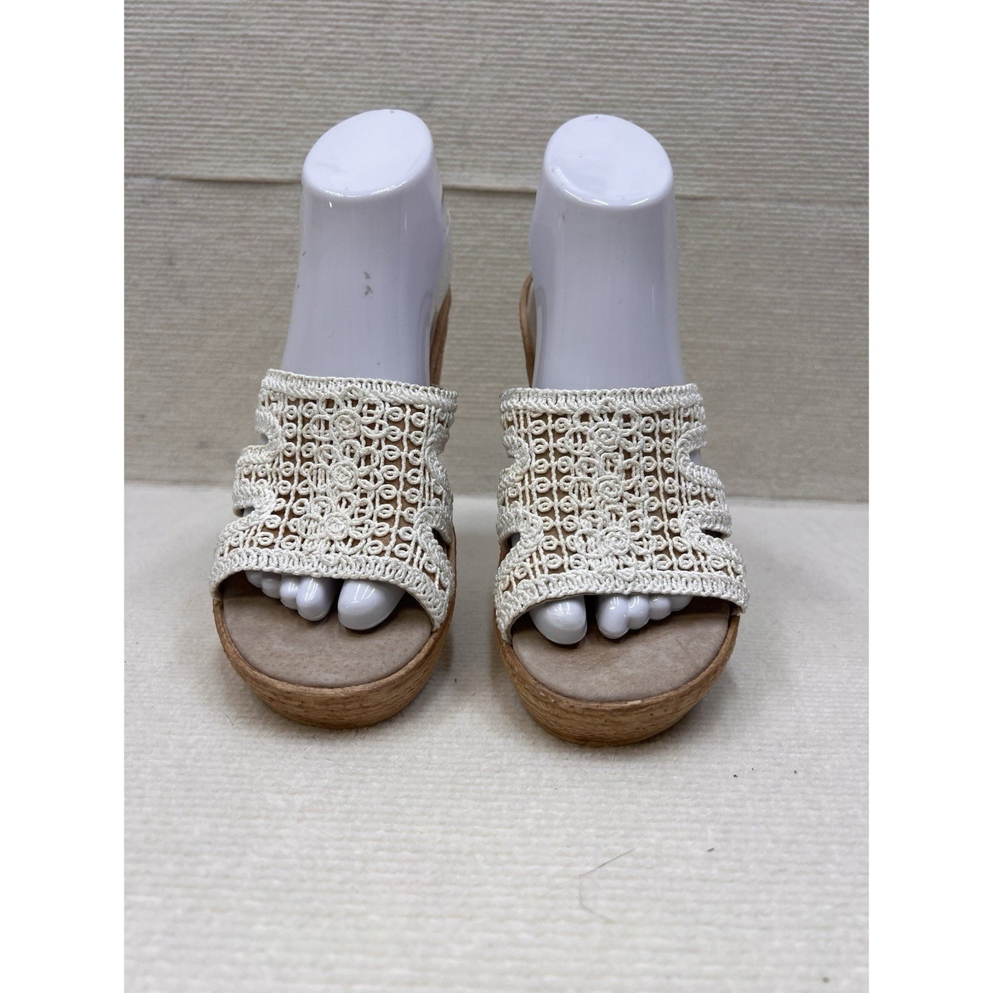 Vintage Sbicca Macrame Crochet Platform Wedge Sandals Woodgrain Slide Boho Sz 8
