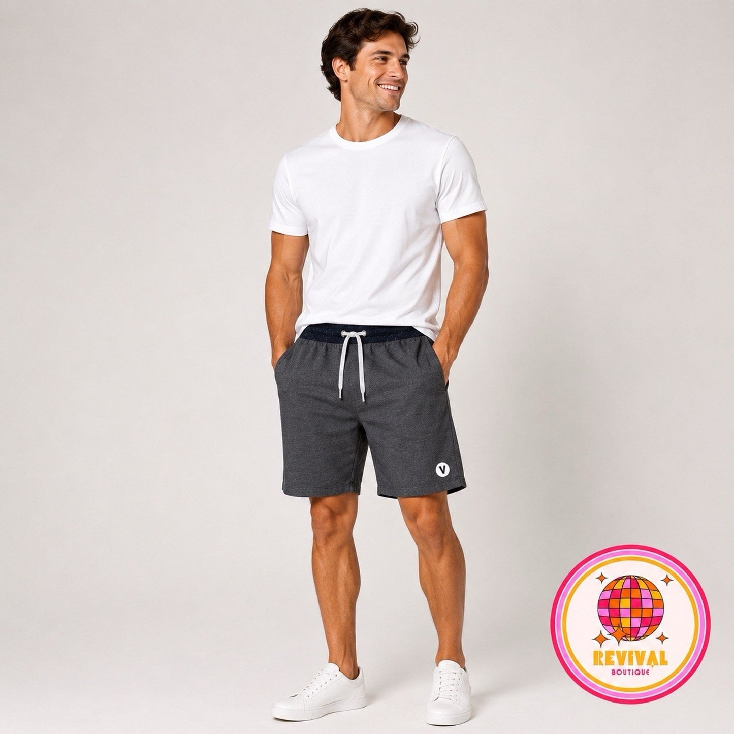 XS Vuori Mens Kore Shorts 7.5” Lined Linen Grey Black Drawstring Elastic Stretch