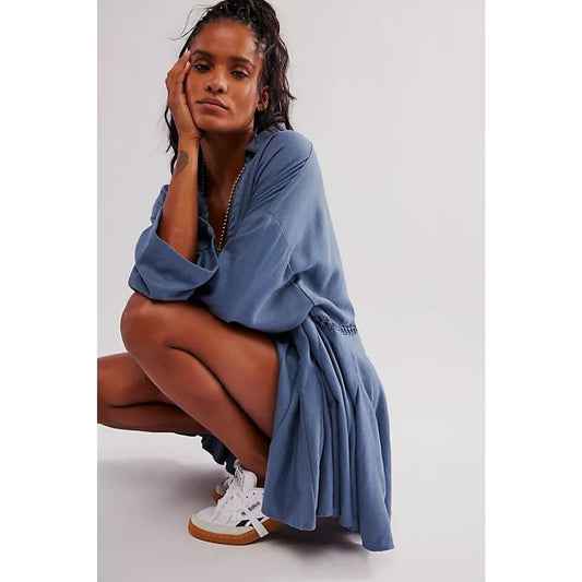 NWT Free People (L) Linen Blend Mini Dress Oversized Shirt Flowy Boho Hippie