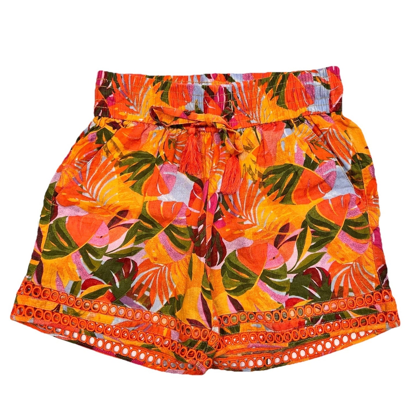 C&C California Linen Shorts (S/28”) Floral Tropical Crochet Trim Fringe Tassel