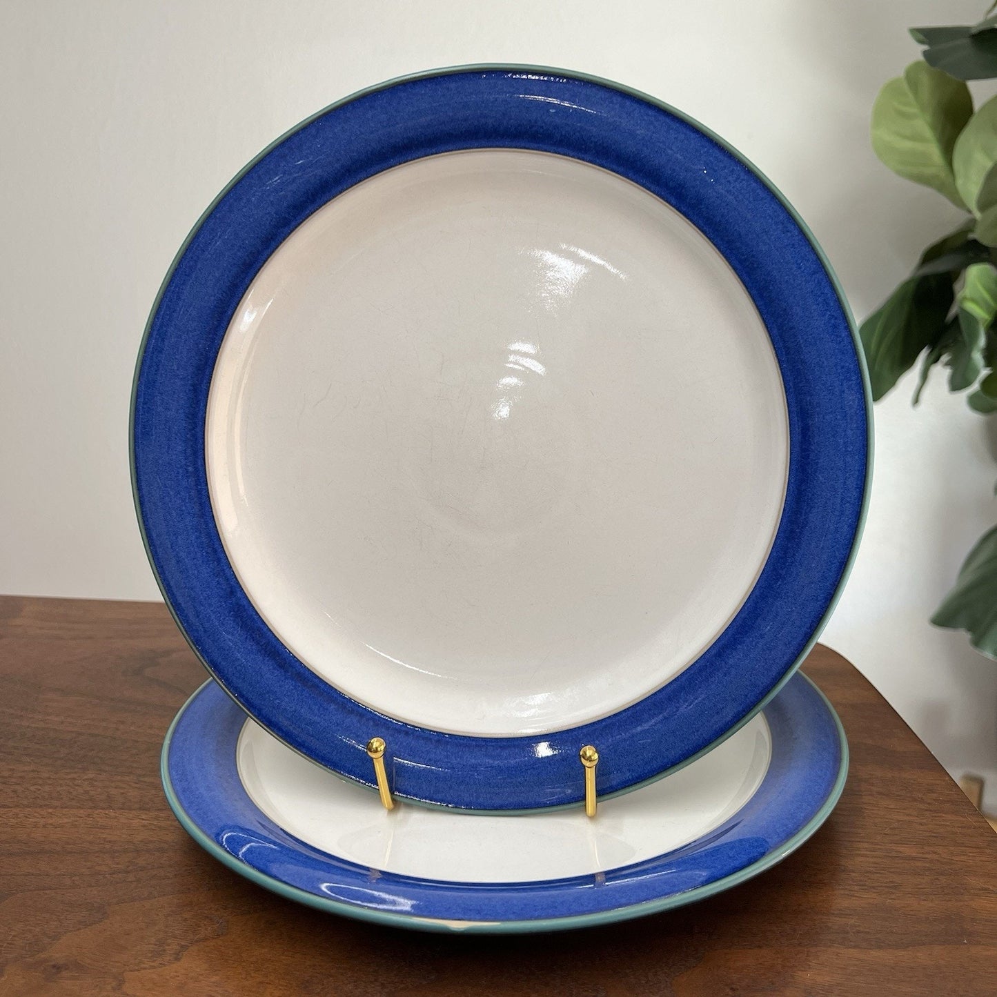 Set of 2 Denby Langley Metz Dinner Plate 10.5” White Center Blue Green Trim
