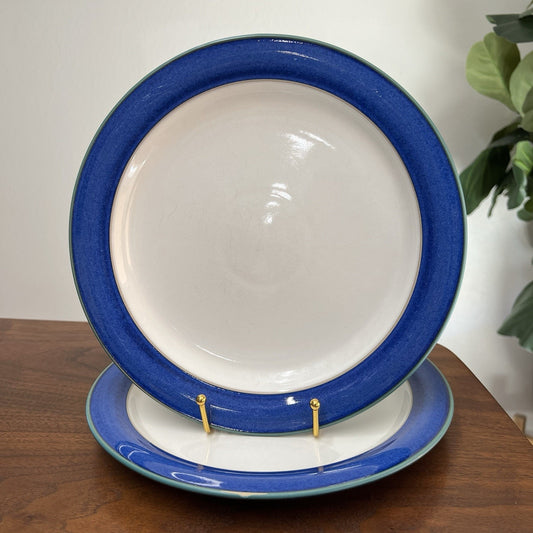Set of 2 Denby Langley Metz Dinner Plate 10.5” White Center Blue Green Trim