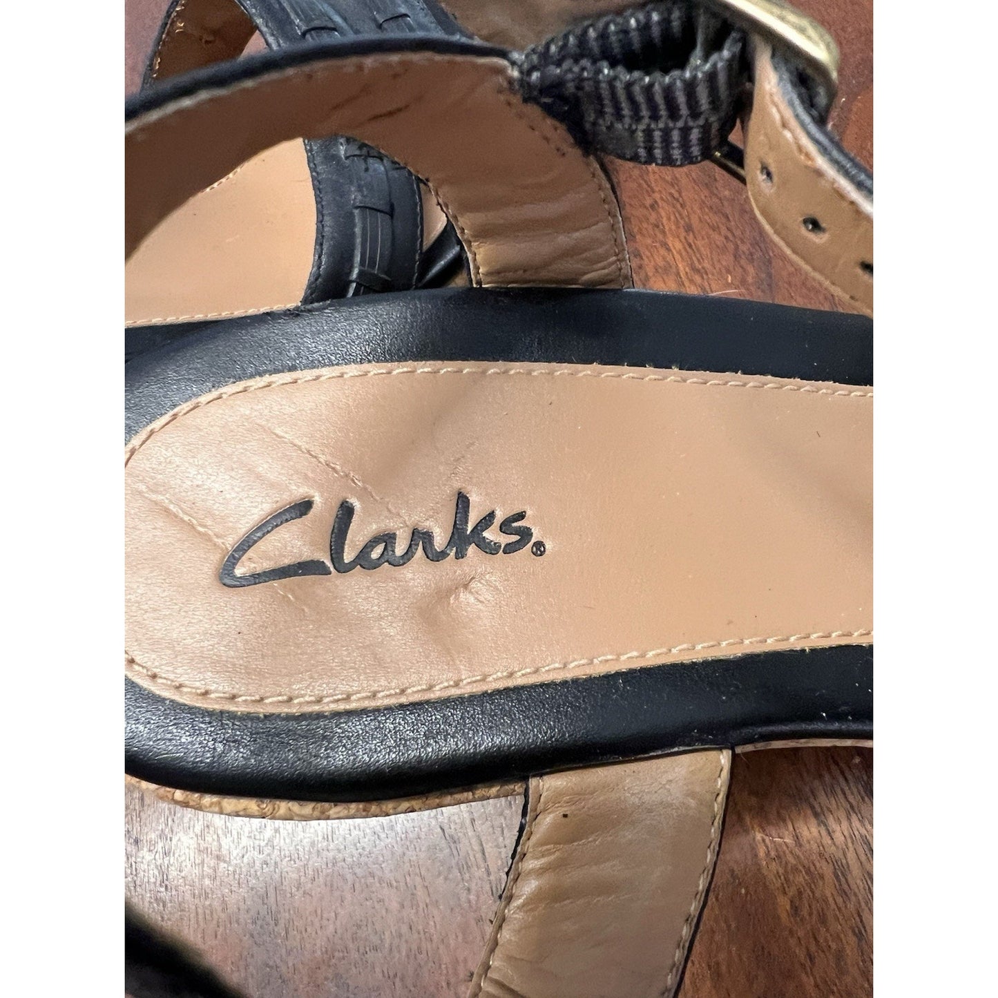 Clarks Artisan Margee Beth Black Tan Leather Wedge Sandal Ankle Strap Size 10M