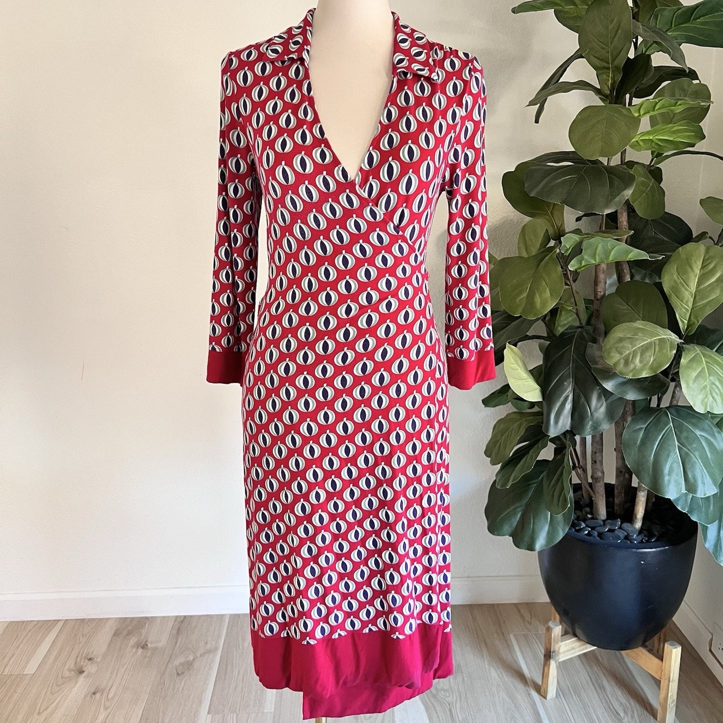 Boden Jersey Midi Dress Sz 6 Long Sleeve Front Wrap Mid MCM Retro Anthropologie