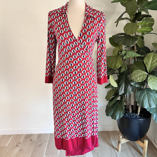 Boden Jersey Midi Dress Sz 6 Long Sleeve Front Wrap Mid MCM Retro Anthropologie