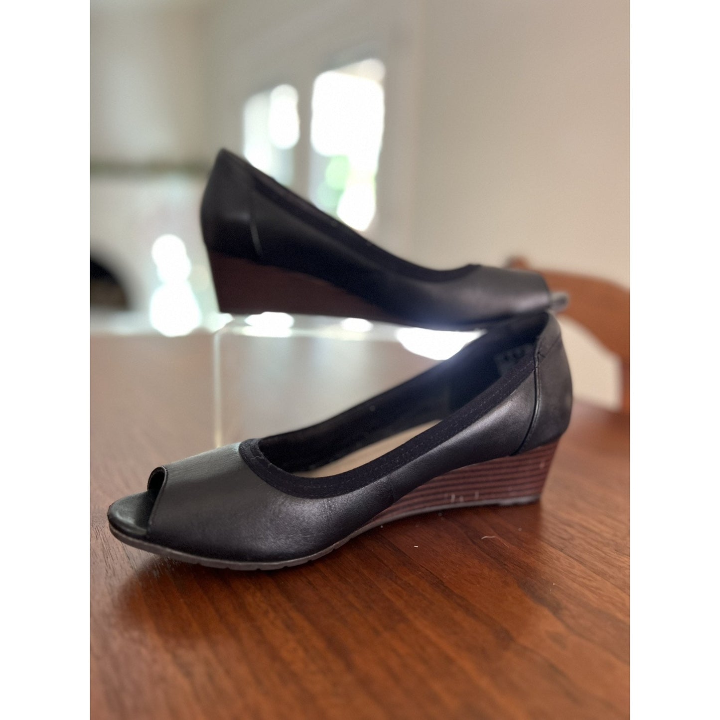 Clarks Women's Mallory Charm Wedge Black Slip On Peep Toe Comfort Shoe Size 8