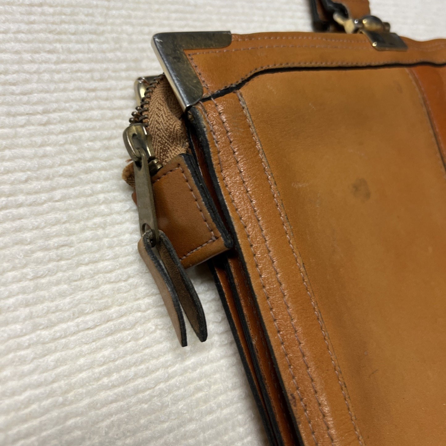 Vtg Slim Leather Soft Sided Attache Briefcase Two Handles 3 Compartments Zippers