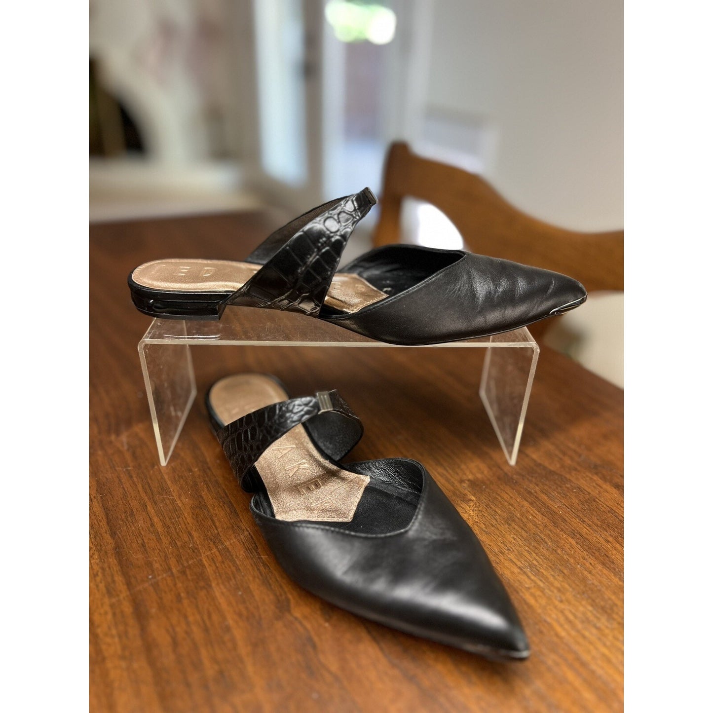 $160 New Ted Baker 6.5 Oryla Pointed Toe Black Slip On Leather Mule Flats 37 EU