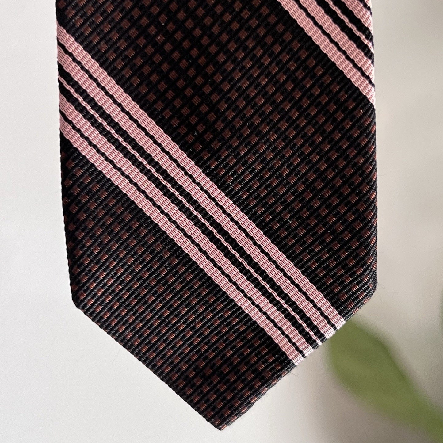 Handmade Skinny Short Necktie Pink Black Stripe Woven Tie 54x2.25”