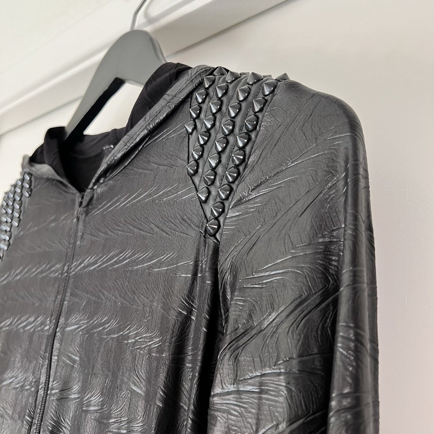 L.A. Roxx S/M Bodysuit Faux Black Leather Spike Studs Zip Up Hood Long Sleeve