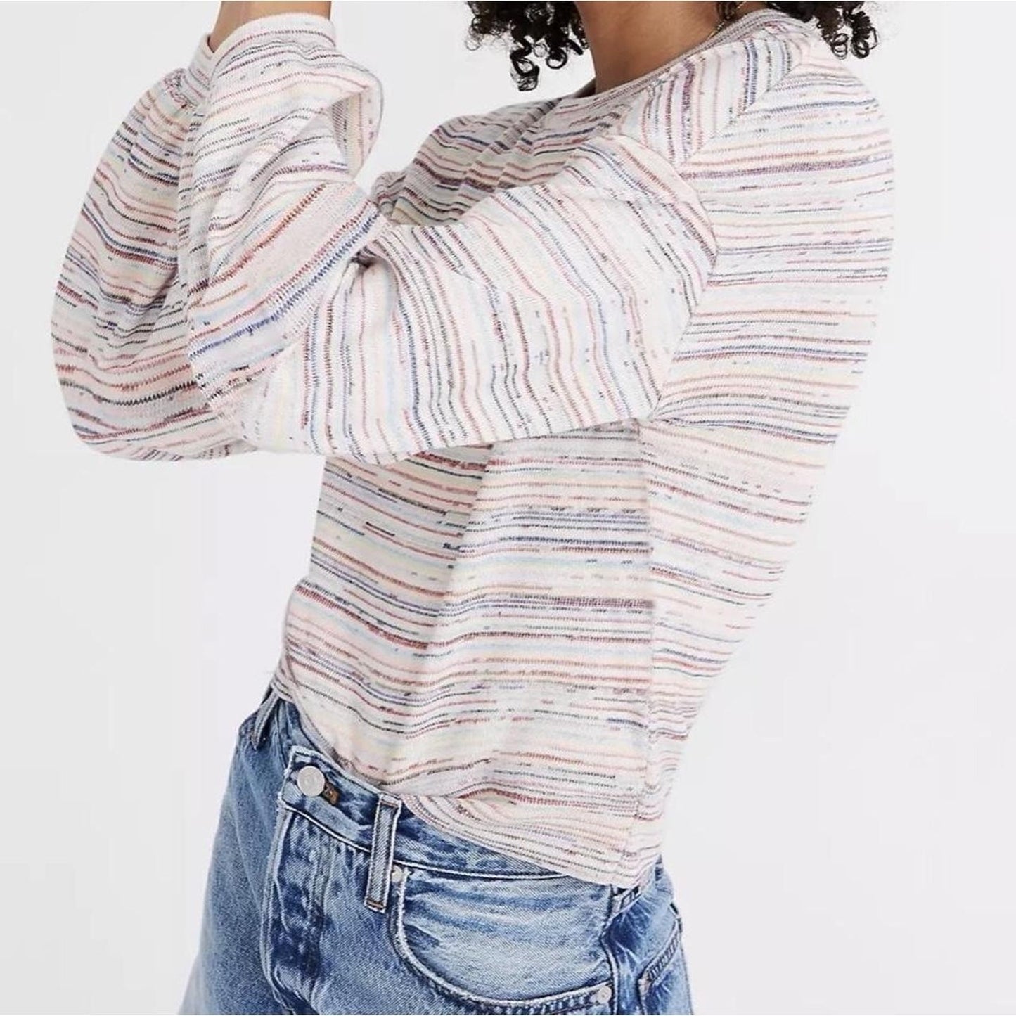 Madewell Sweater (S) Bubble Sleeve Crop Rainbow Stripe Retro Whimsy Dopamine