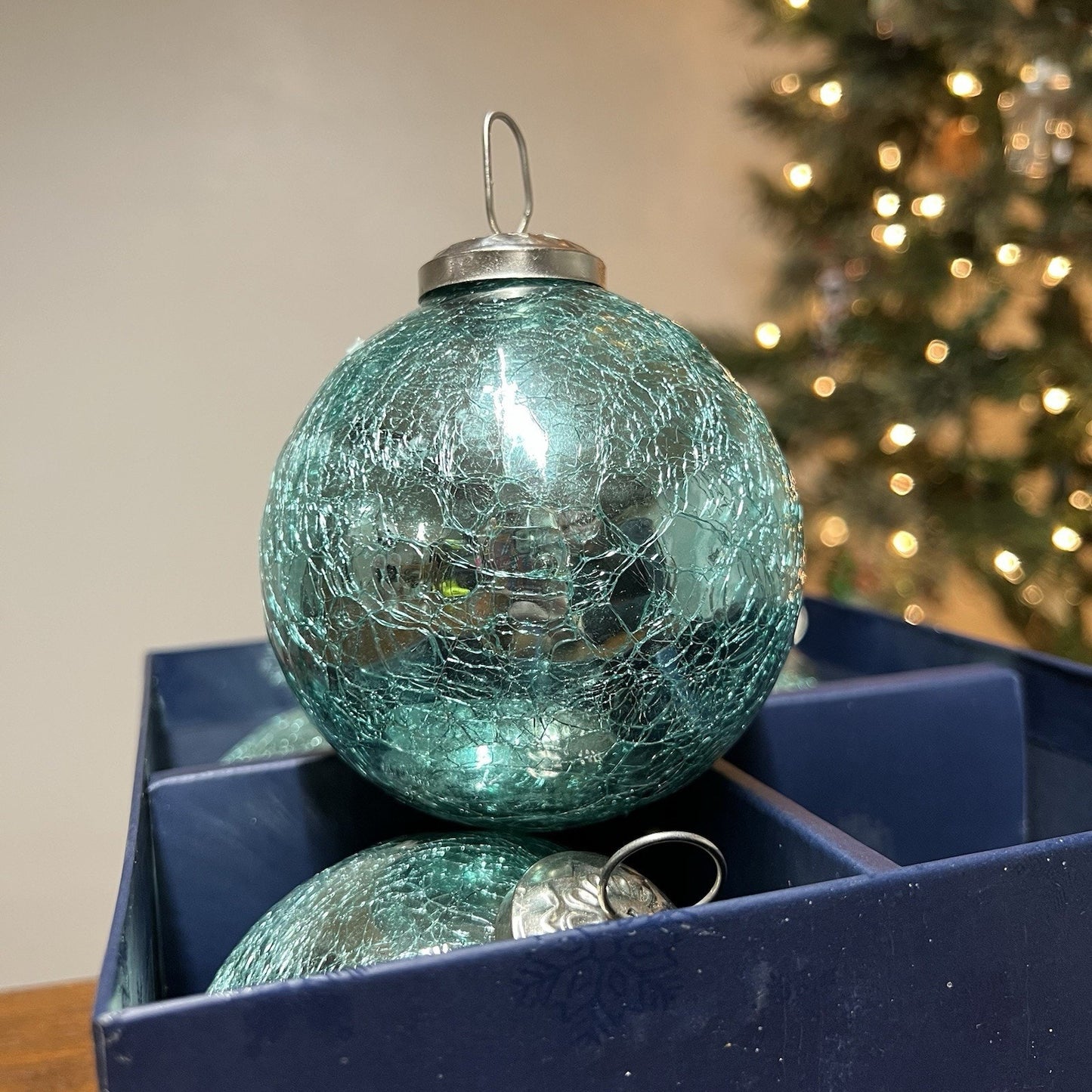 Set of 4 Mistletoe & Sailing Christmas Ornaments Coastal 4” Beach Crackle Glass
