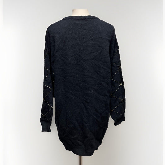 Holiday Sweater (L) Wool Angora Black Gold Beaded Christmas Elegant Classic