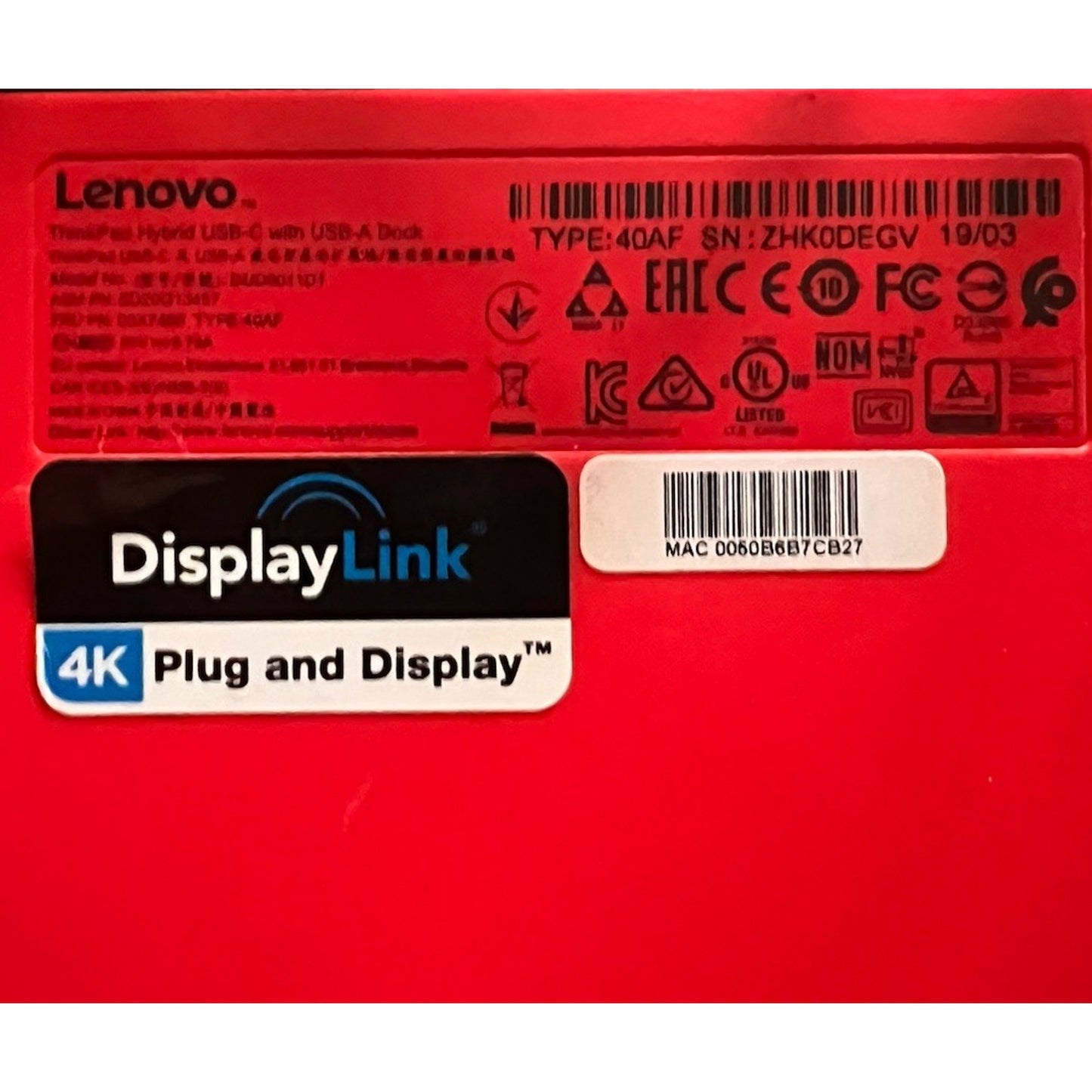 Lenovo ThinkPad Hybrid USB-C with USB-A Dock US TYPE: 40AF w/Power Supply Tested
