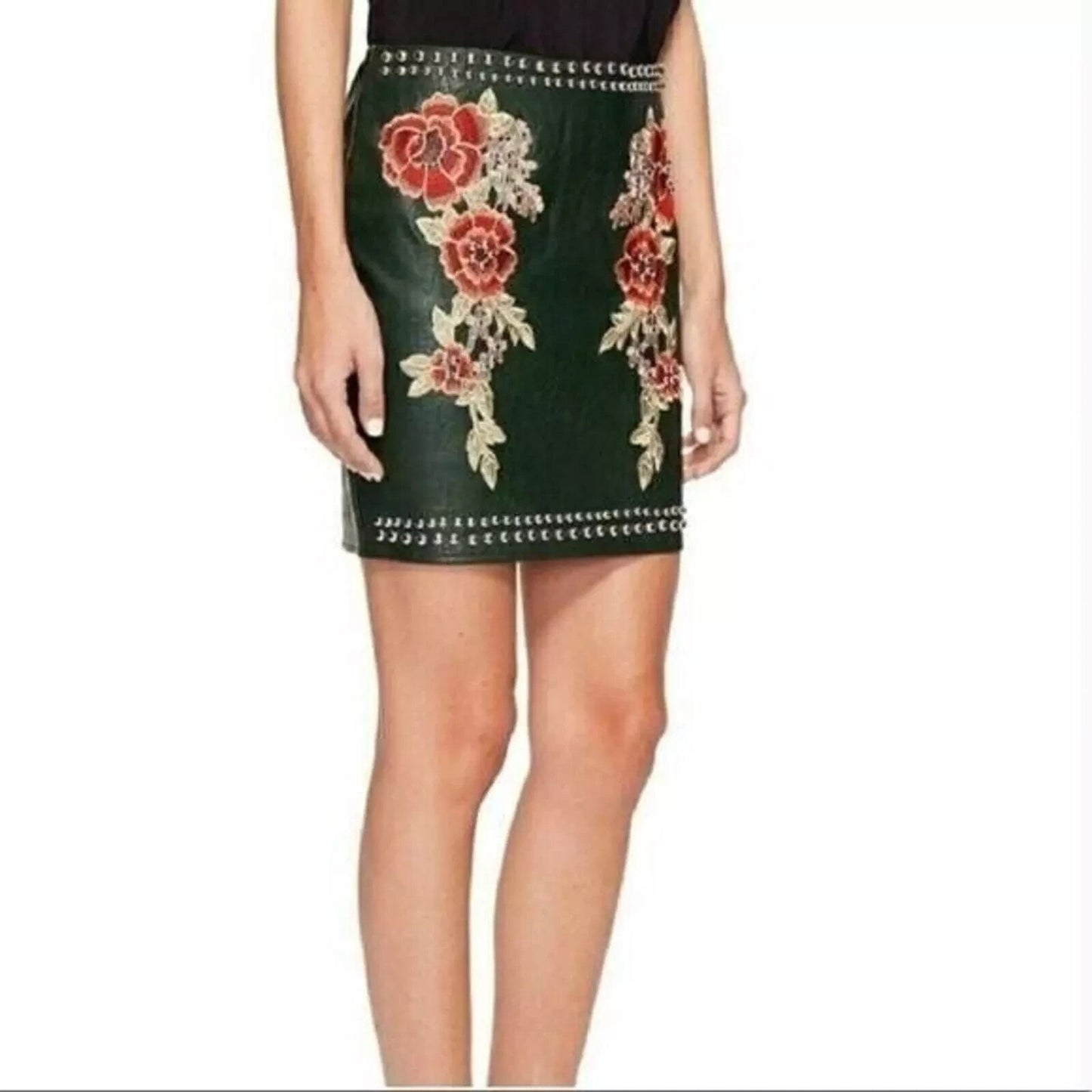 Romeo & Juliet Couture Y2K Vegan Leather Floral Embroidered Festival MiniSkirt