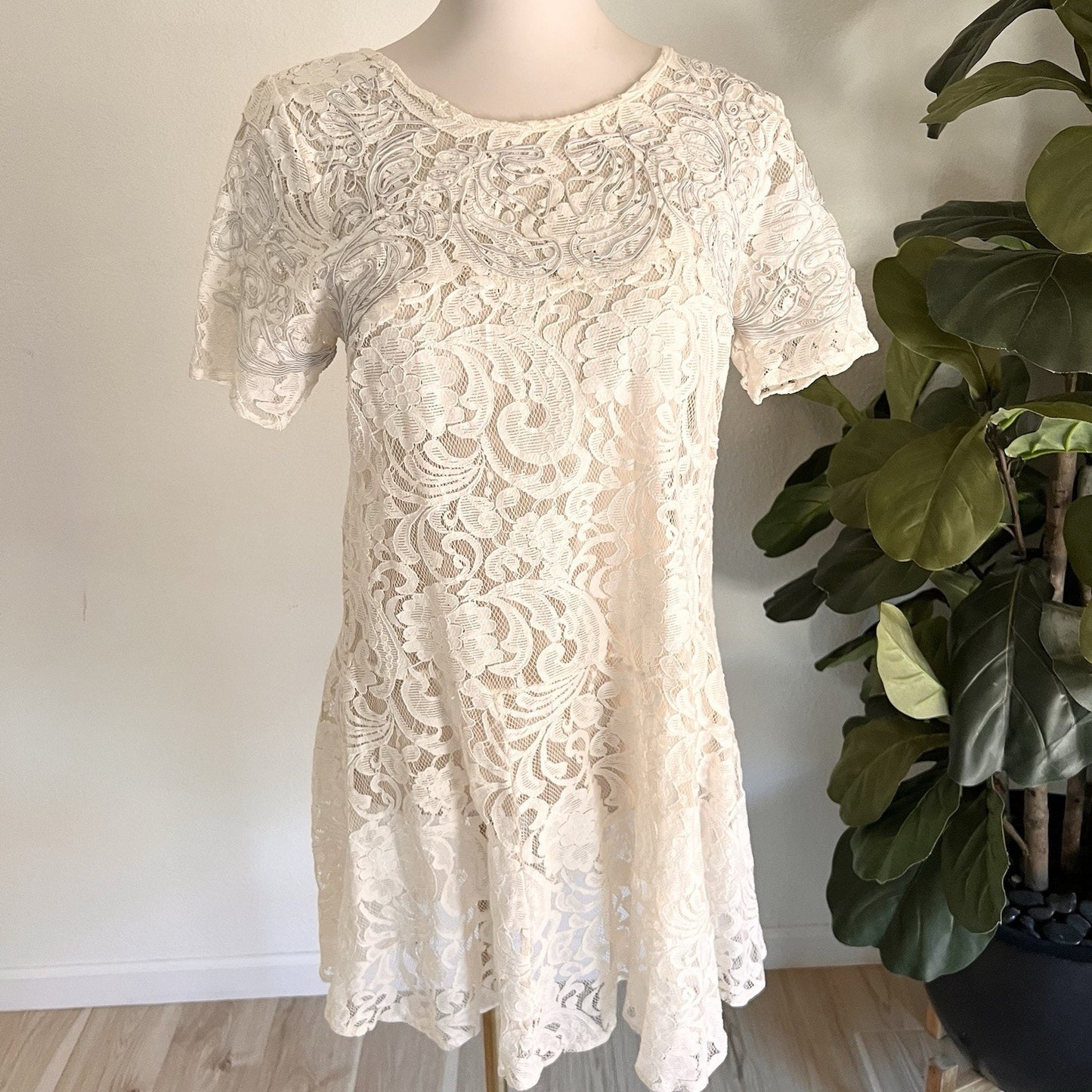 Free People (M) Doily Lace Mini Dress Coquette Romantic Cover Up Boho Ivory