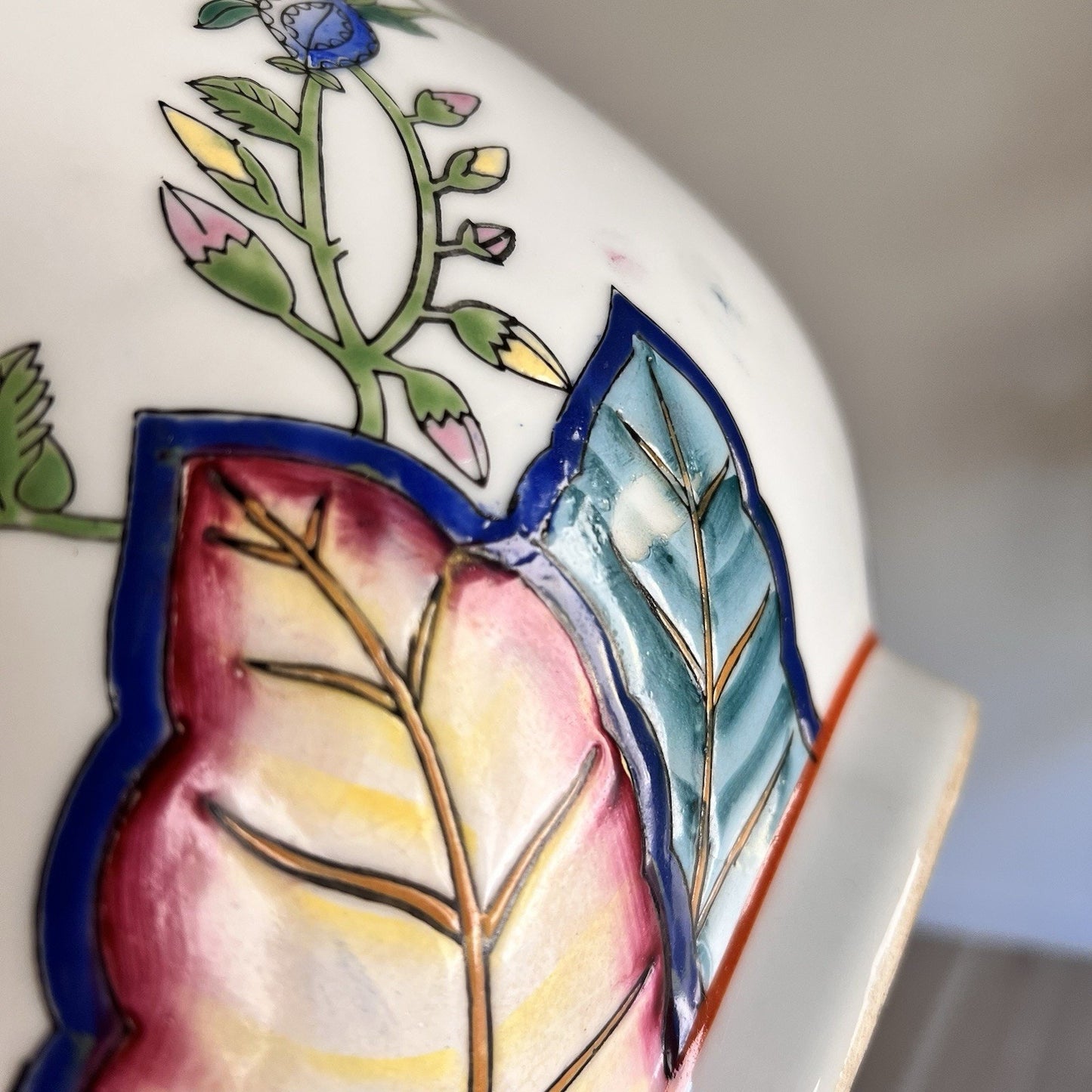 Chinese Export Tobacco Leaf Bowl 12x8” Chinoiserie Oriental Asian Hand Painted