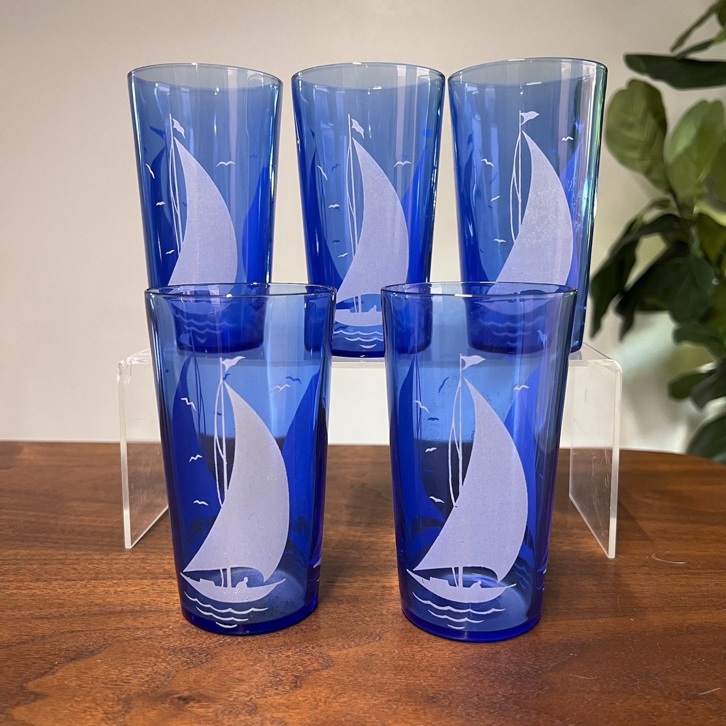 (5) Hazel Atlas Cobalt Blue White Boat 5" Glasses Coastal Nautical Depression
