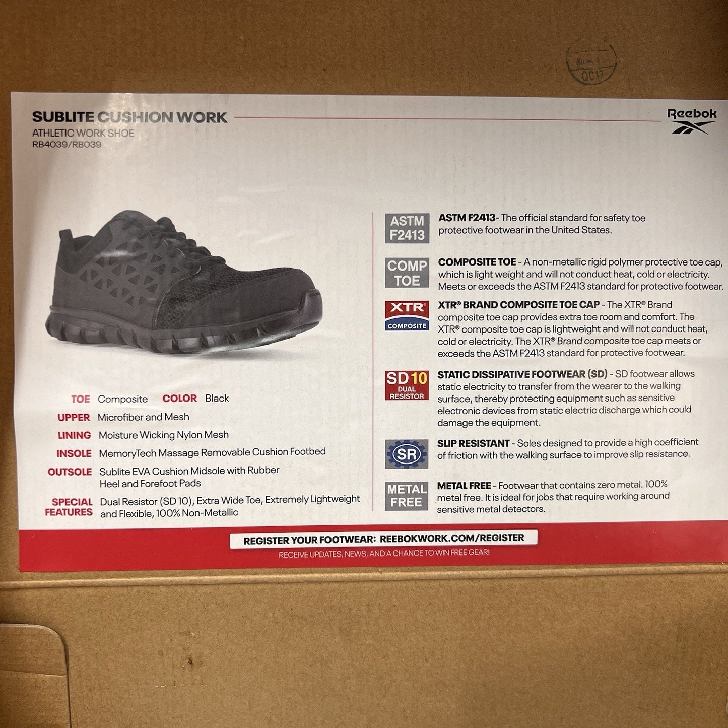 NIB Reebok SUBLITE CUSHION WORK Comp Toe Black Shoe Sneaker Women 8M Unisex