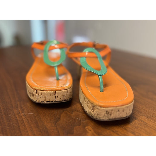 Miu Miu Orange / Teal 2” (aprx) Cork Wedge Women’s Size 5.5 Ankle Buckle Sandal