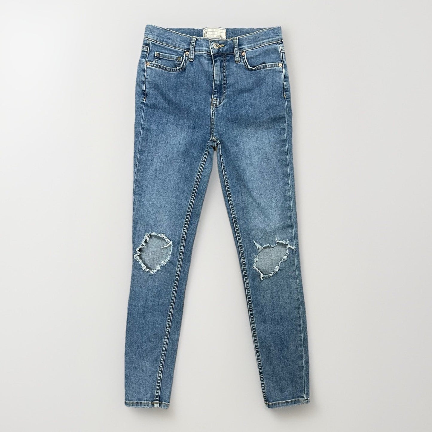 Free People Sz 27 Busted Knee Distressed Mid-Rise Skinny Jeans Stretch