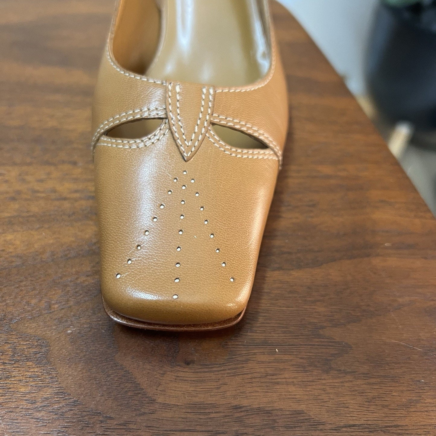 NEW Linea Paolo 7W Camel Slingback Mary Jane Square Toe Short Block Heel Retro