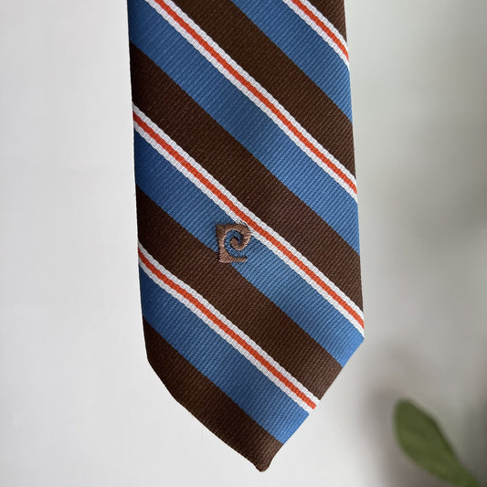 Pierre Cardin Brown Blue Orange Rep Striped Necktie Retro Vintage MCM Monogram