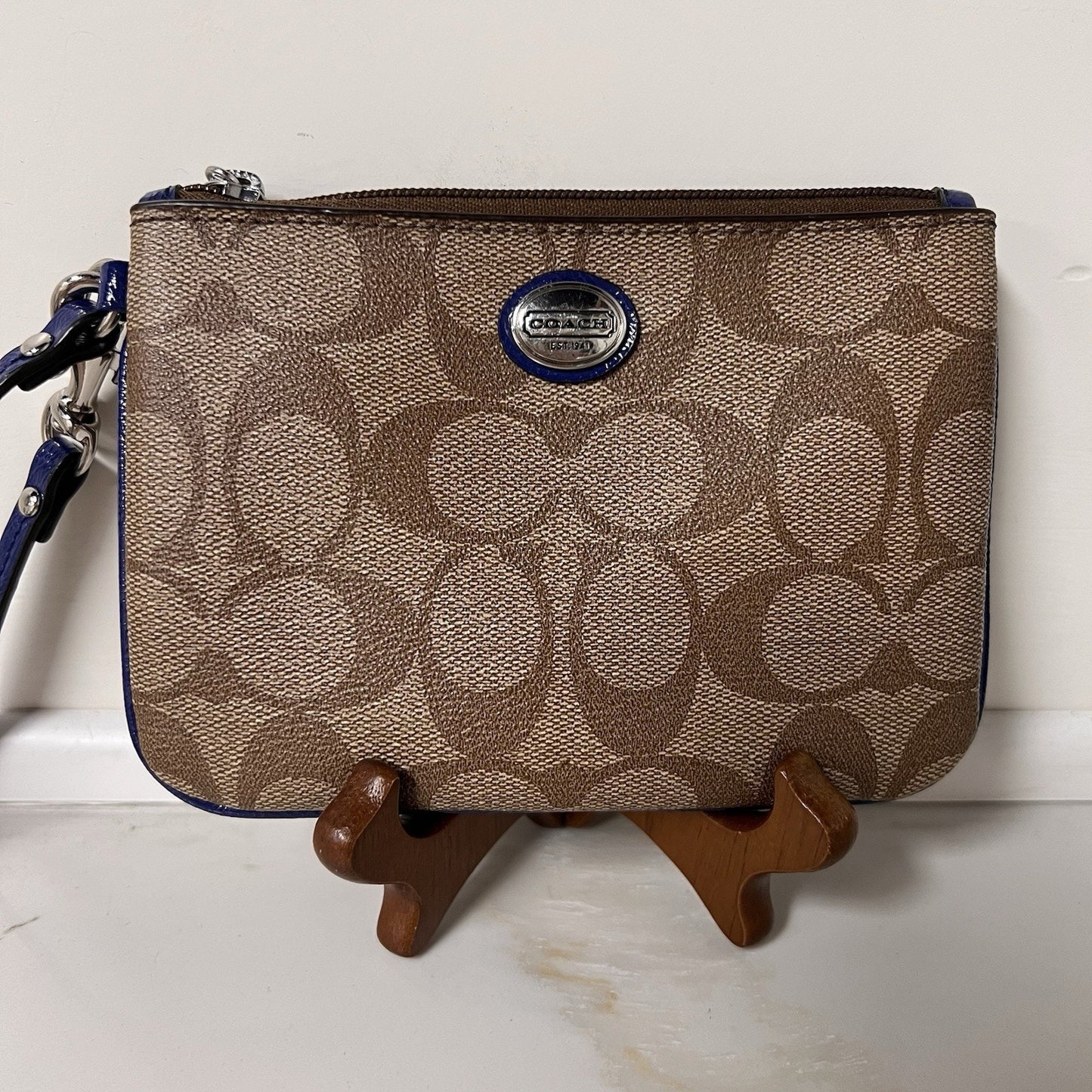 Coach Signature Wristlet Zip Pouch Wallet 6x4 Khaki Brown Navy Blue Clutch