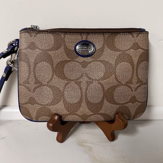 Coach Signature Wristlet Zip Pouch Wallet 6x4 Khaki Brown Navy Blue Clutch