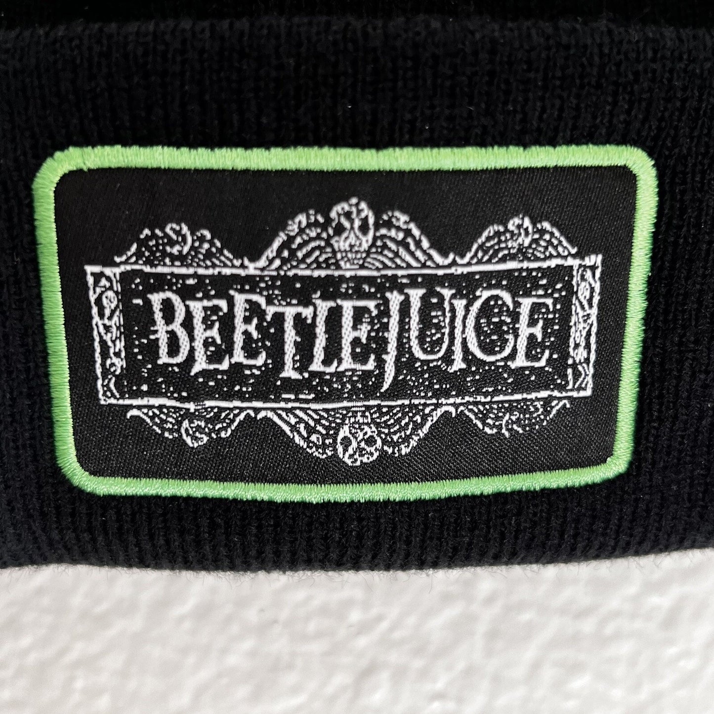NWT Rare Beetlejuice Logo Patch Knit Cuff Beanie Black Unisex Winter Official